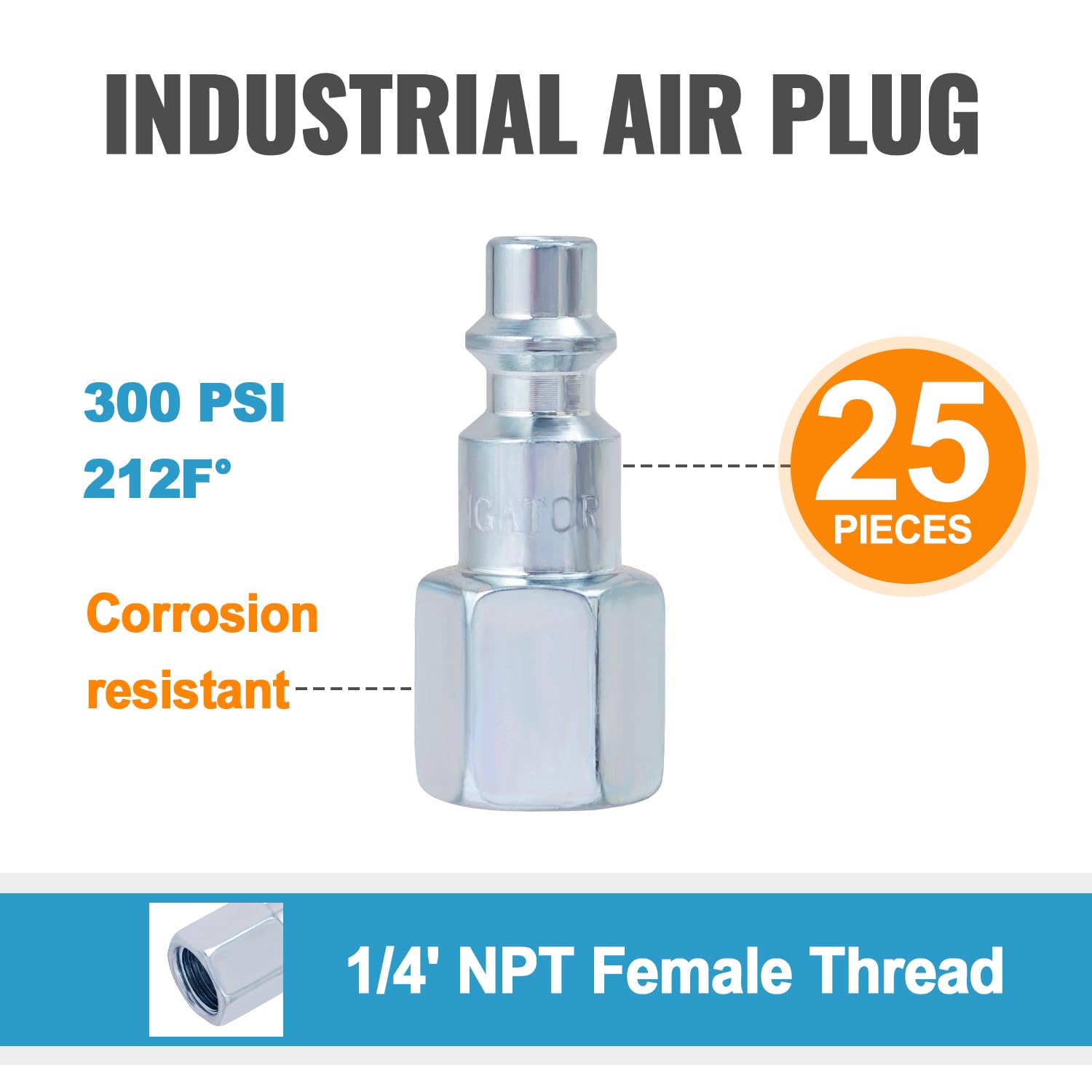 SUNGATOR NPT industrial air plug side view highlighting robust steel build.