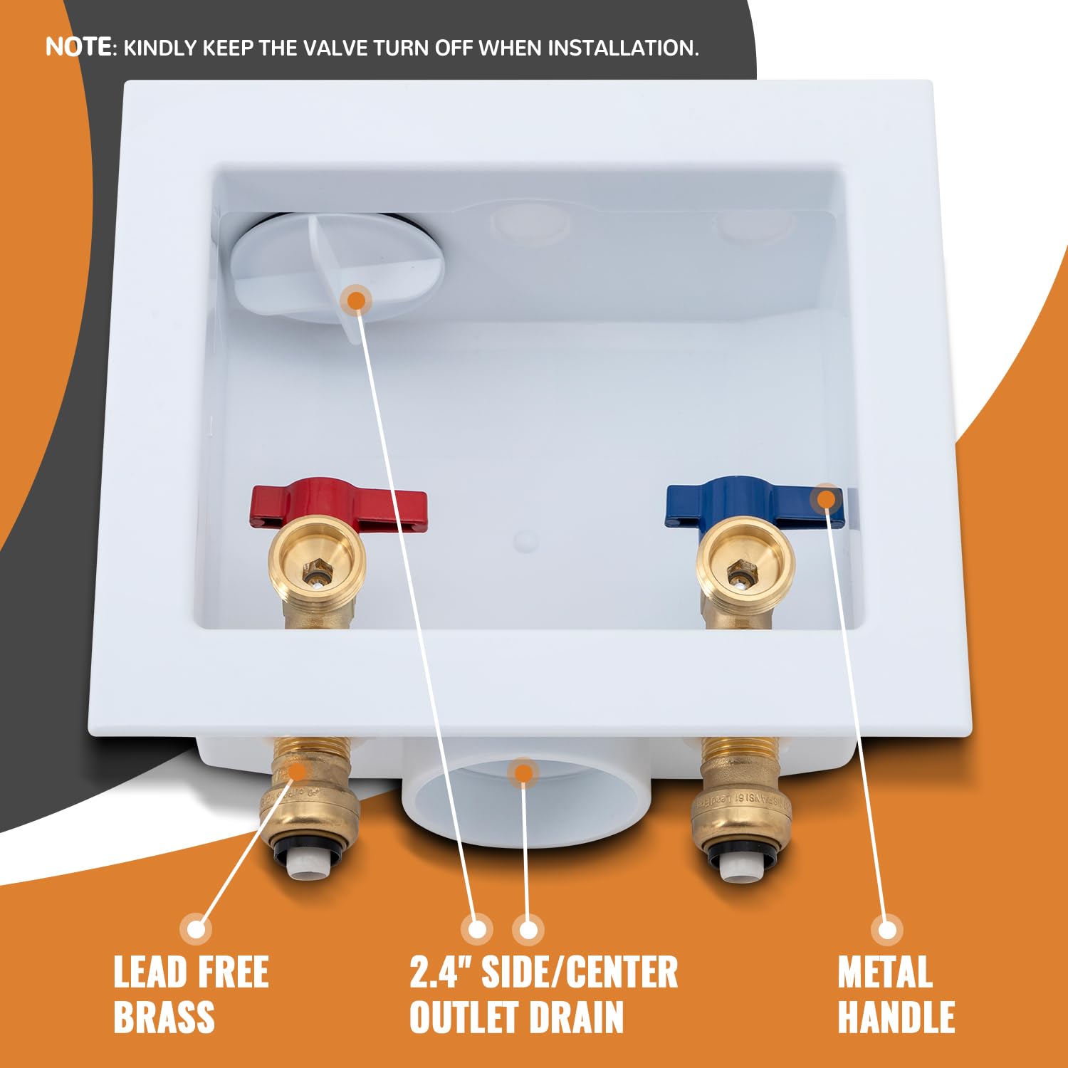 SUNGATOR push-fit outlet box supports inverted installation for flexible laundry layout.