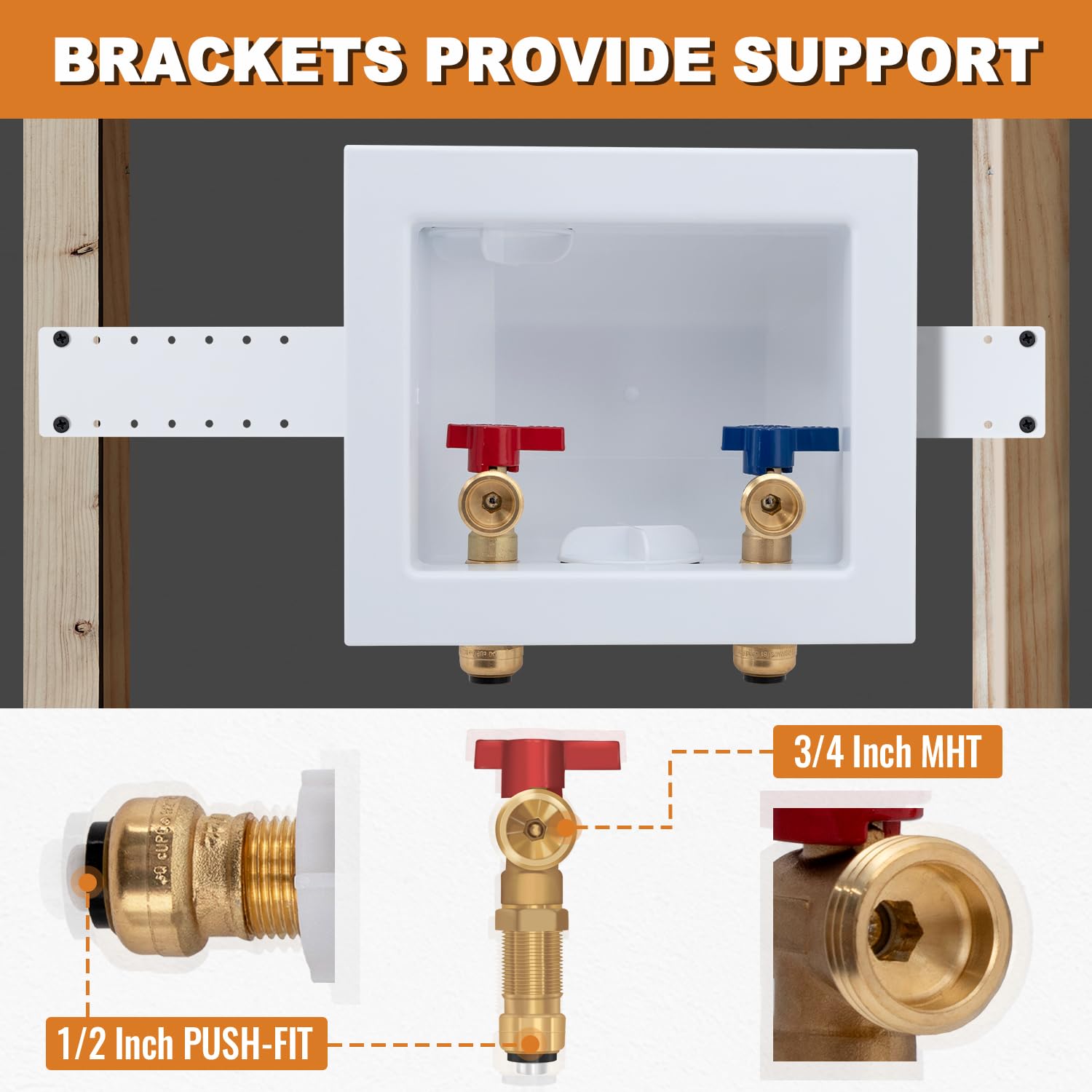 SUNGATOR push-fit outlet box side drain for flexible installation in tight laundry spaces.