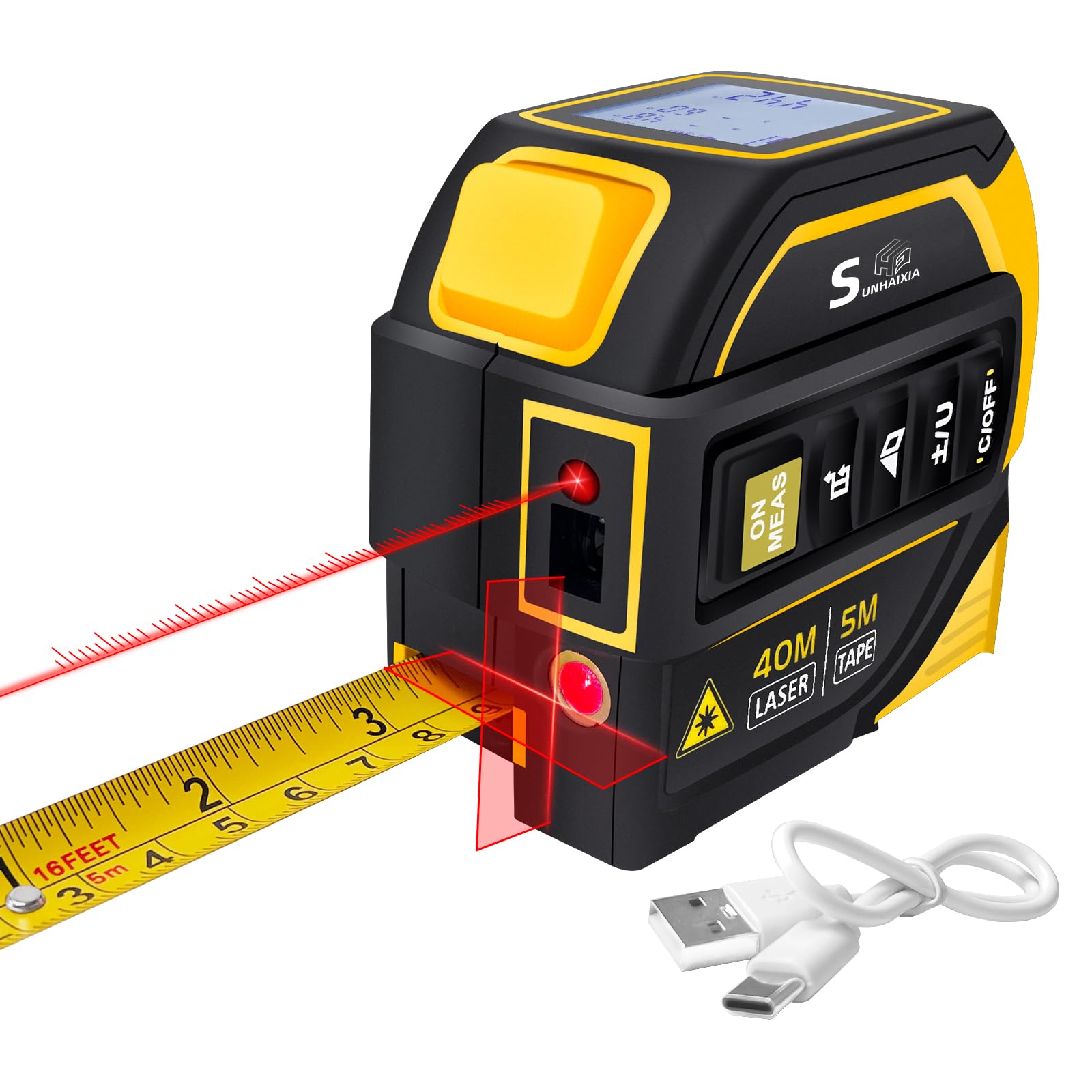 SUNHAIXIA 4-in-1 laser tape measure front view for quick distance checks on DIY projects