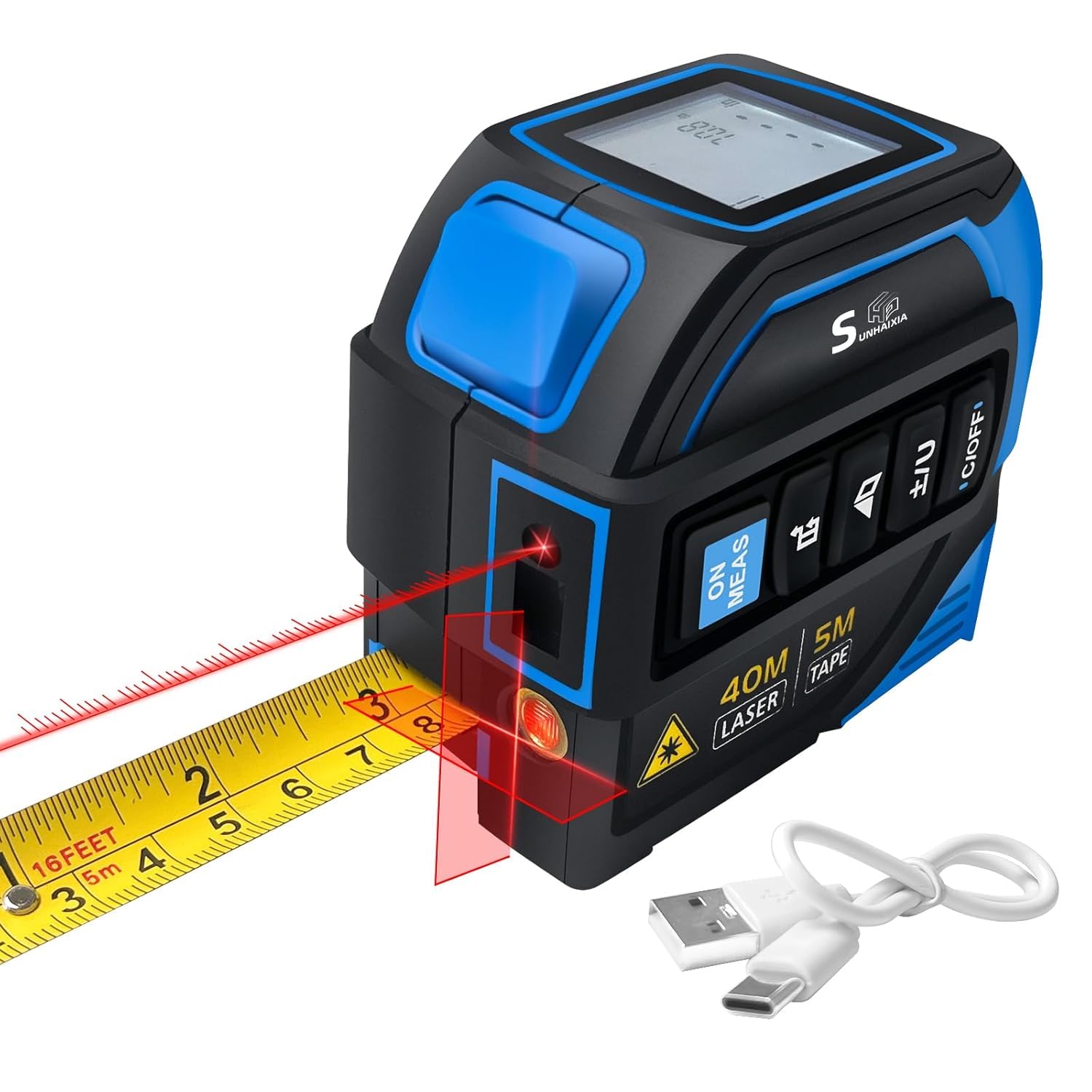 SUNHAIXIA 4-in-1 laser tape measure front view with crosshair laser for quick layouts