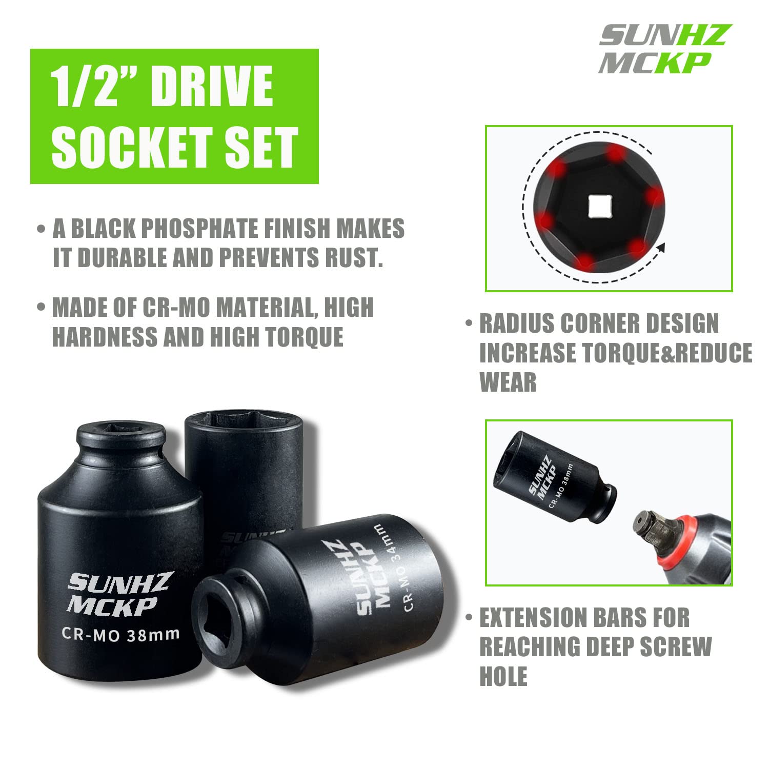 SUNHZ MCKP extra-deep 3.15-inch sockets reach recessed fasteners.