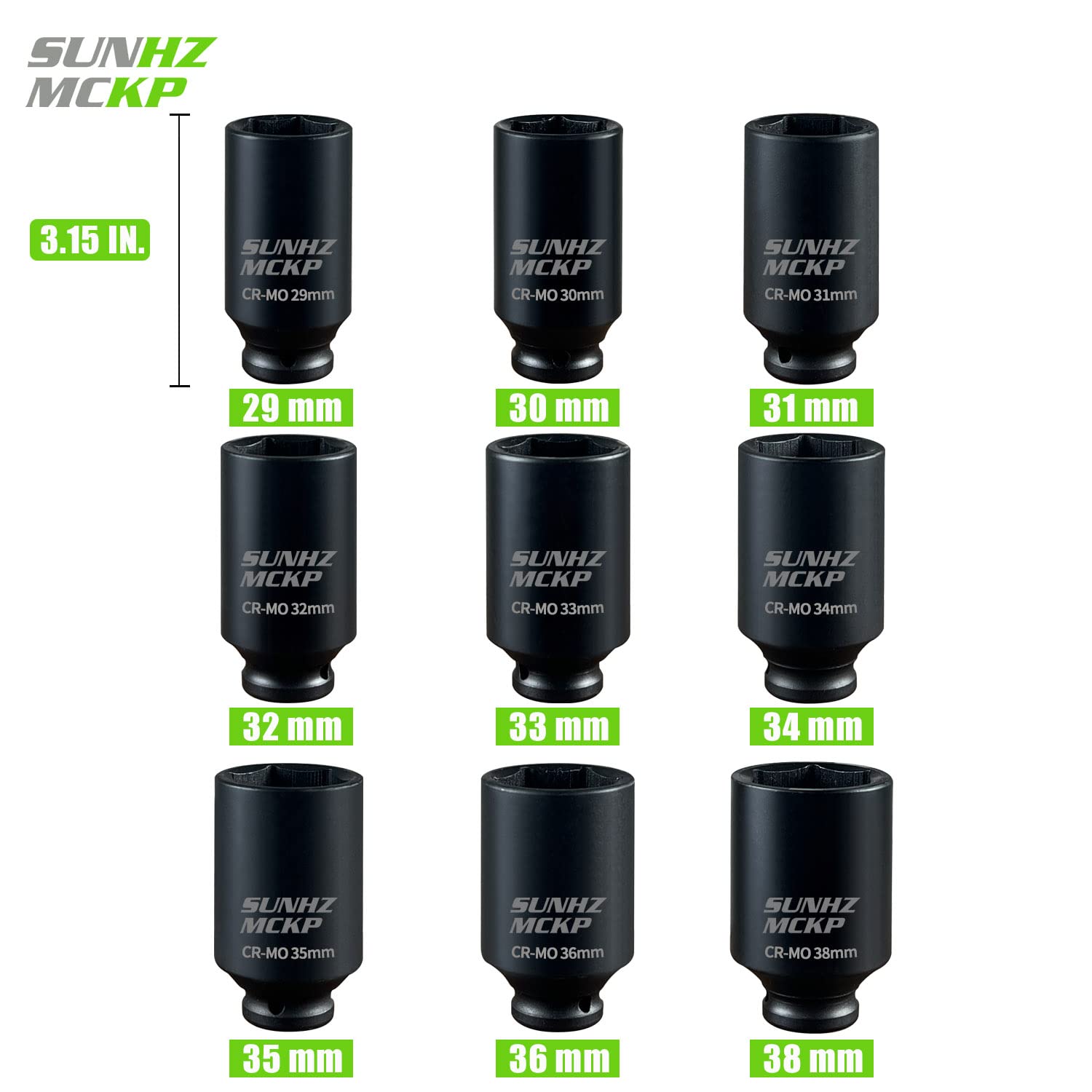 SUNHZ MCKP 29-38mm metric sockets showing size range for car repairs.