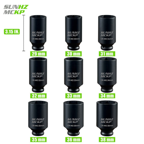 SUNHZ MCKP 29-38mm metric sockets showing size range for car repairs.