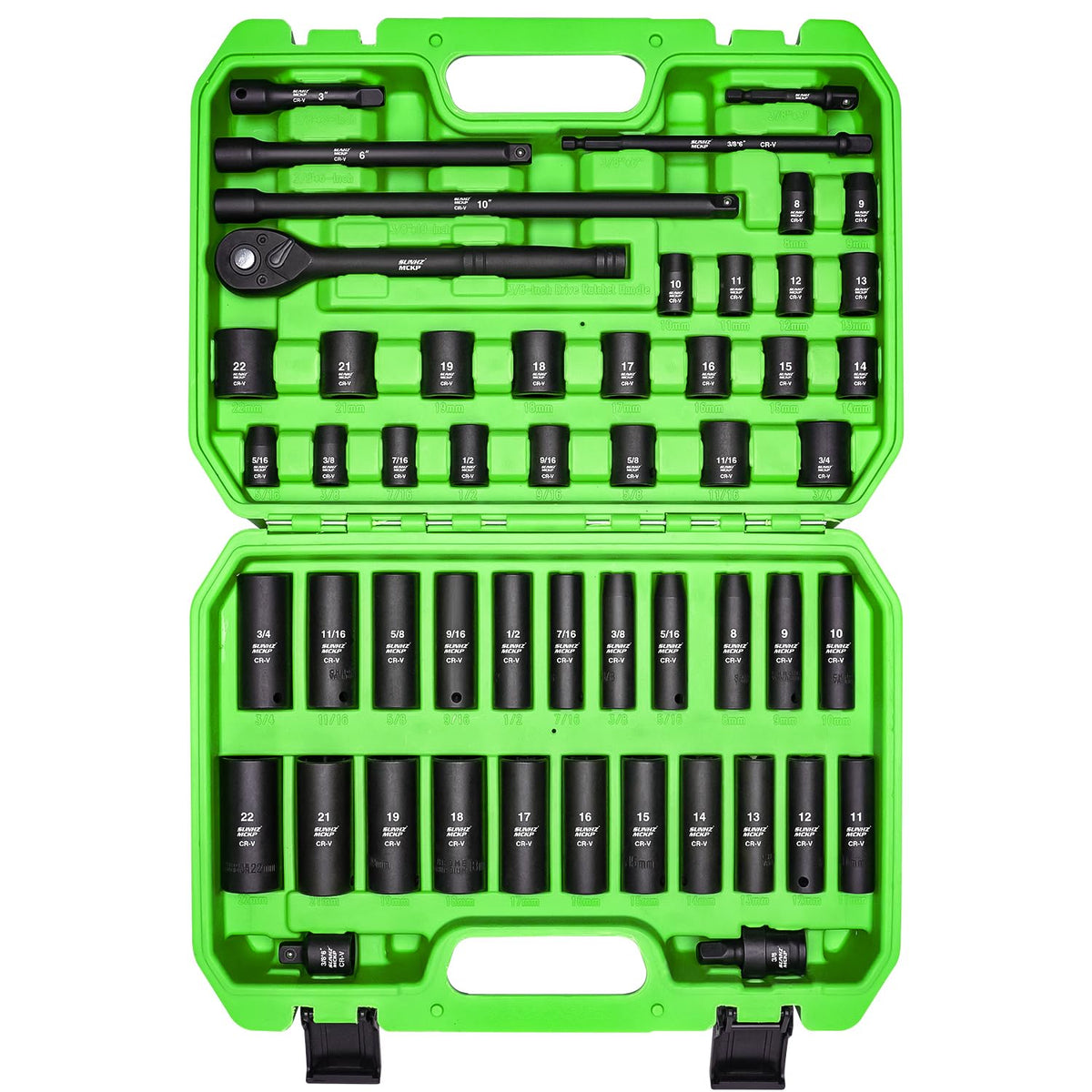 SUNHZMCKP 3/8 drive socket set case keeps sockets organized for quick access.
