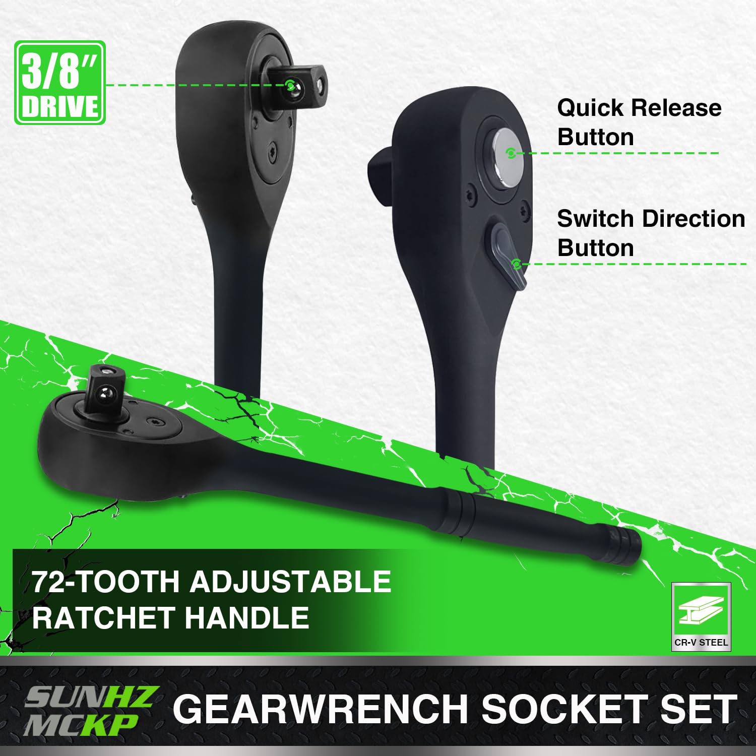 SUNHZMCKP 3/8 universal joint enables flexible access in tight spaces.