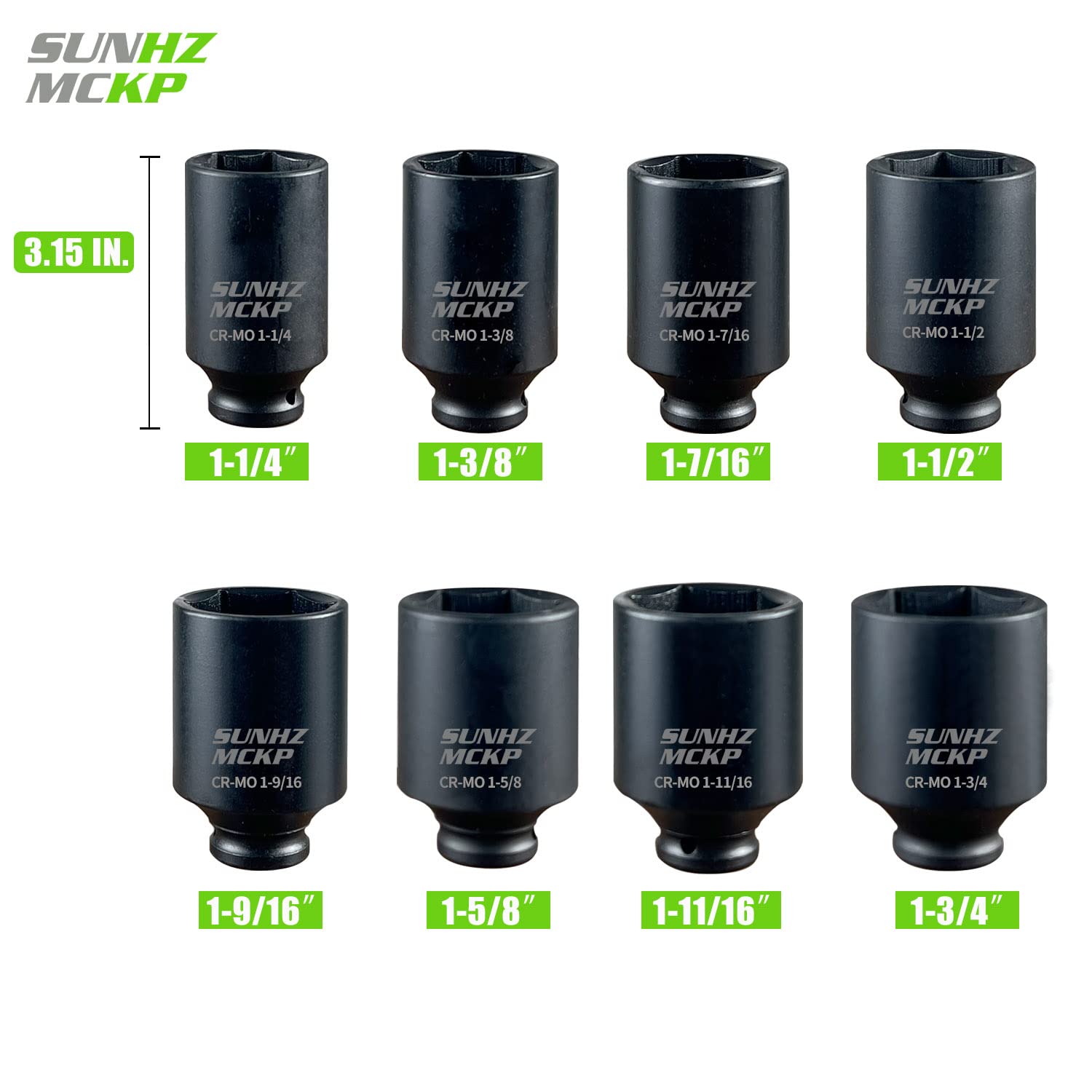 Close-up of  SUNHZMCKP eight-piece SAE socket set laid out for clarity.