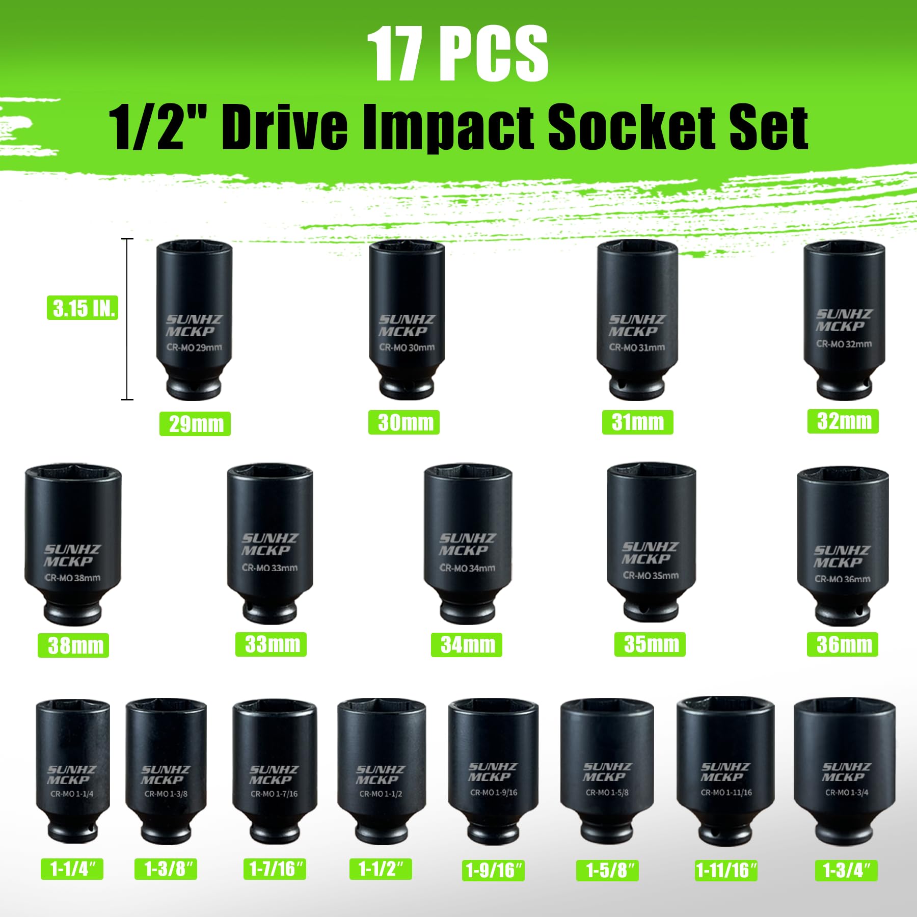 SUNHZMCKP axle-nut sockets 6-point grip prevents slip during wheel work.