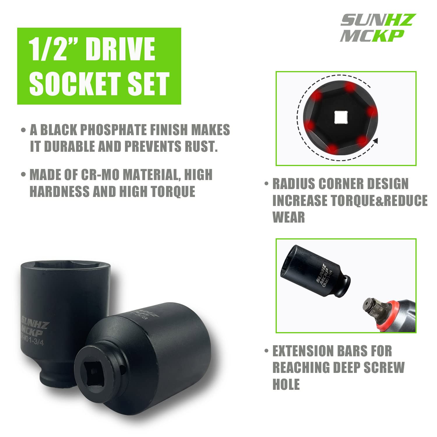 SUNHZMCKP Cr-Mo sockets deliver high strength for tough maintenance tasks.