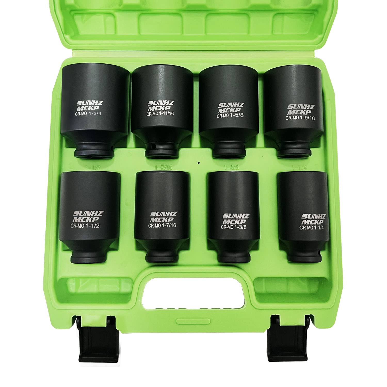 SUNHZMCKP deep 1/2-inch drive sockets in a case for heavy-duty automotive work.