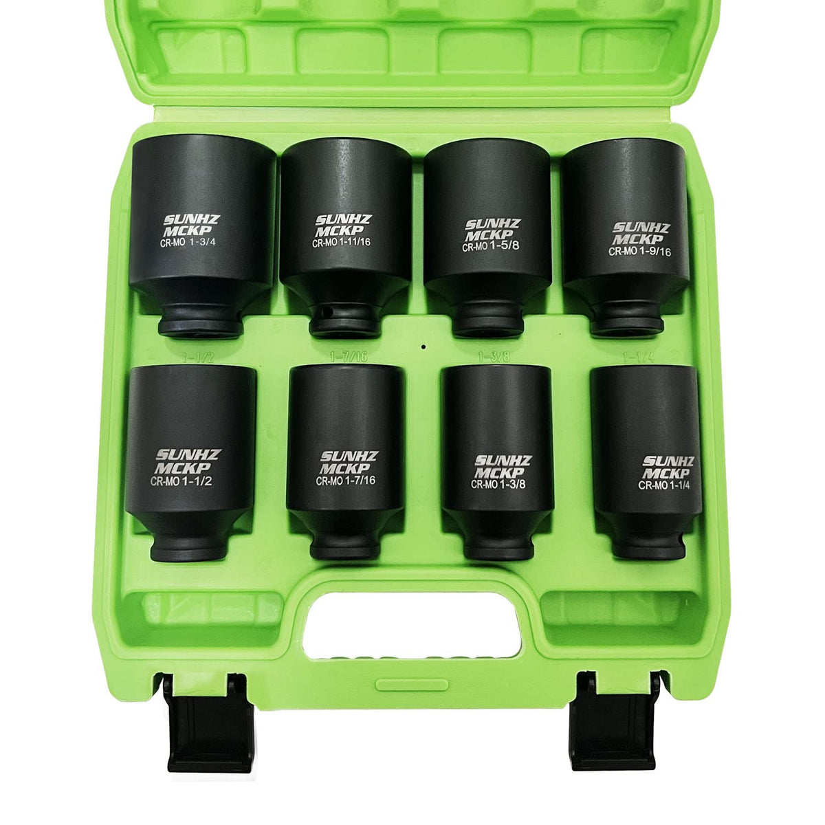 SUNHZMCKP deep 1/2-inch drive sockets in a case for heavy-duty automotive work.