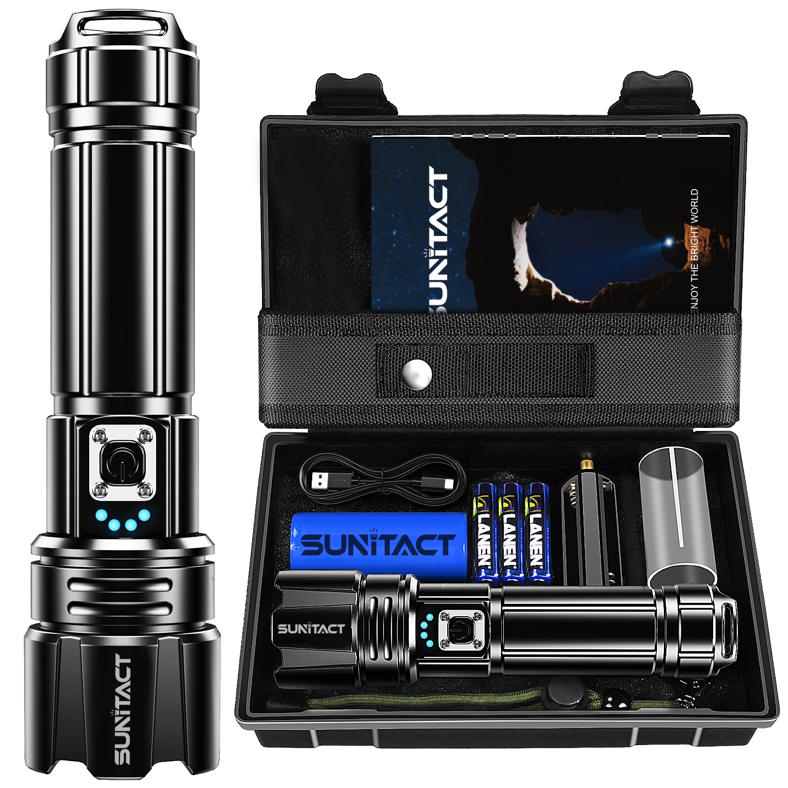 Sunitact ST1476 flashlight with bright beam for large spaces and outdoor use.
