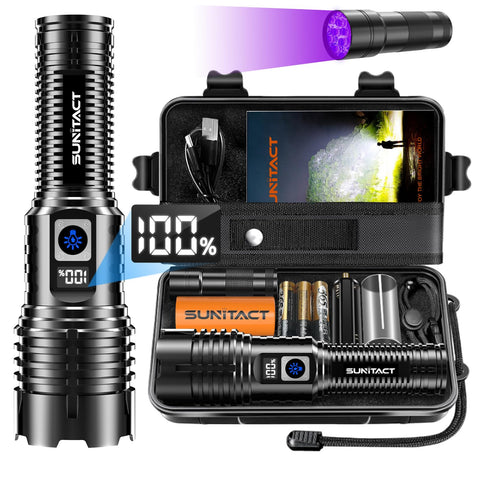 Sunitact ST1695 20000-lumen flashlight front view with broad beam