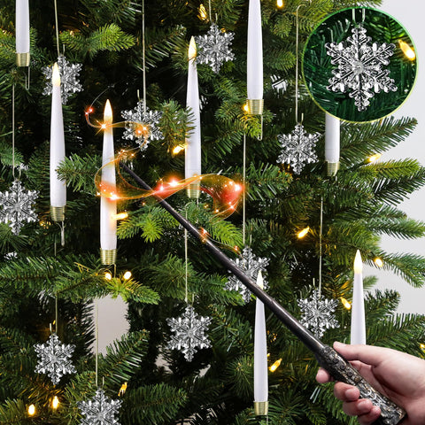 Sunjas Christmas tree candles with wand remote lighting the tree with synchronized flicker