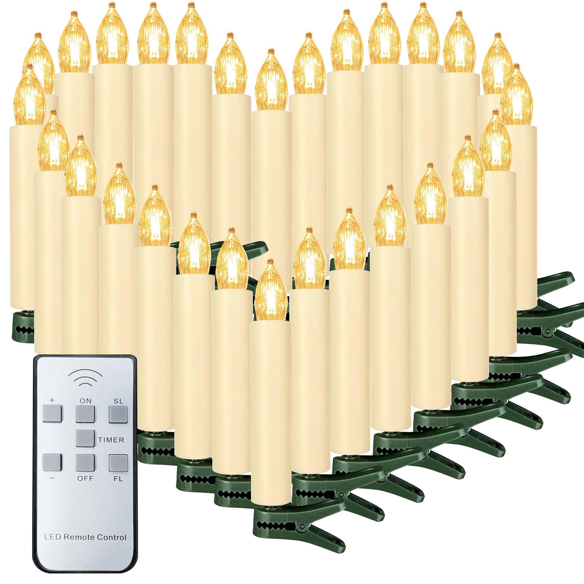 Sunjas LED flameless candle clipped to a Christmas tree for festive ambiance.