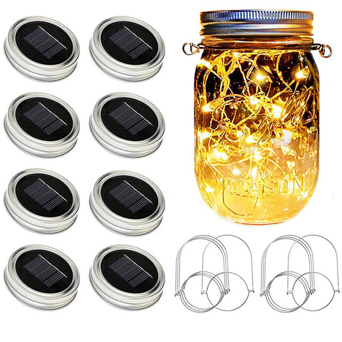 SunKite Solar Mason Jar Lights 8-pack bright 20 LED for outdoor ambiance.