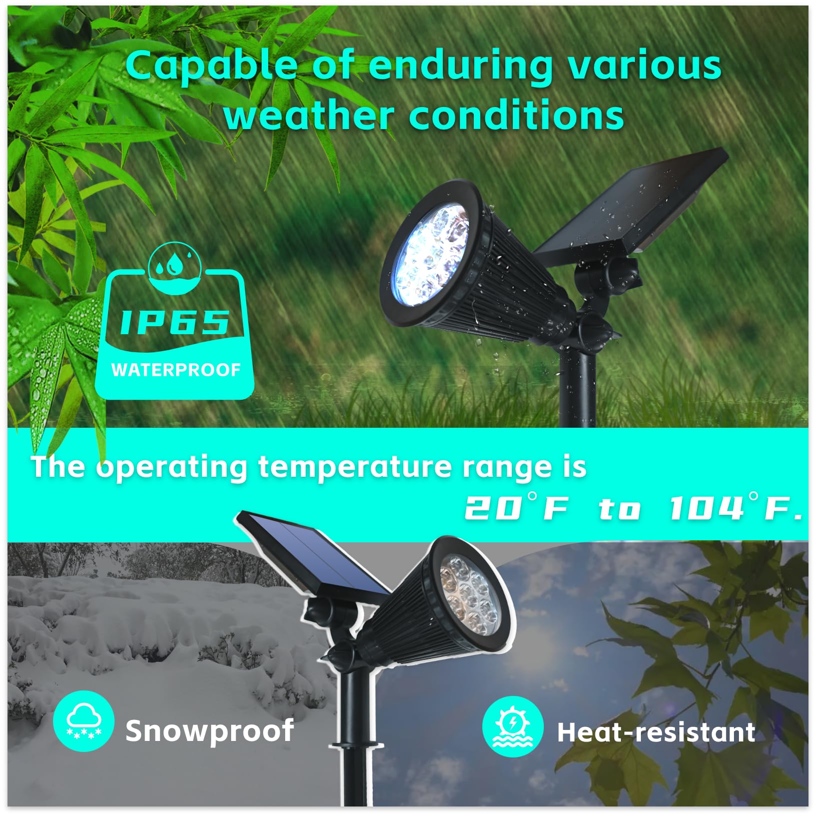 Sunklly solar spot light IP65 waterproof for year-round outdoor use.