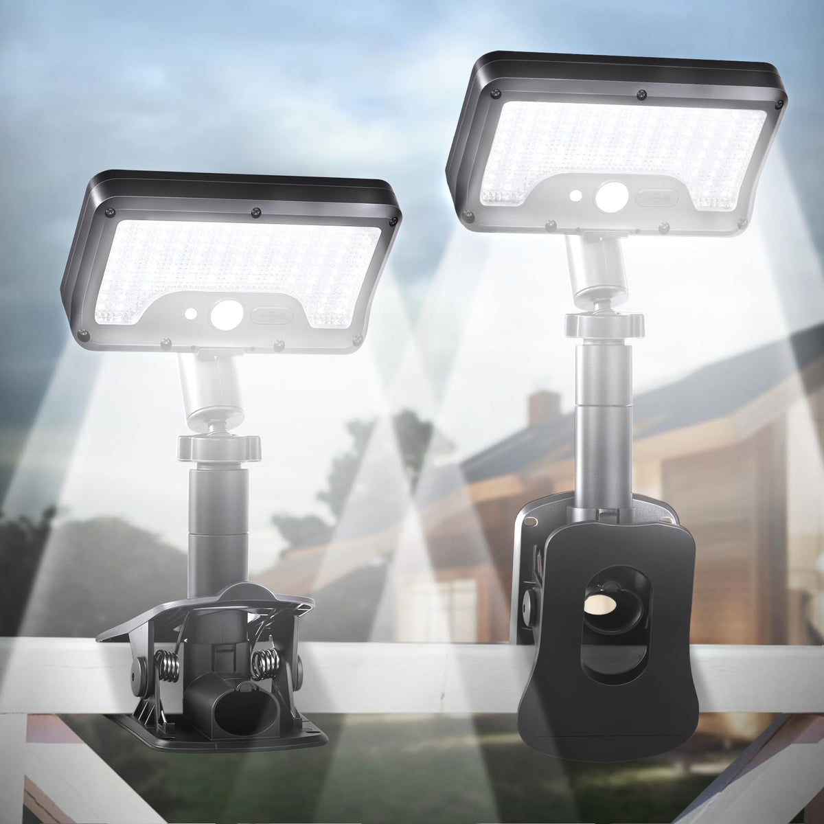 Sunlight Encounter clip-on solar light, front view, broad deck illumination