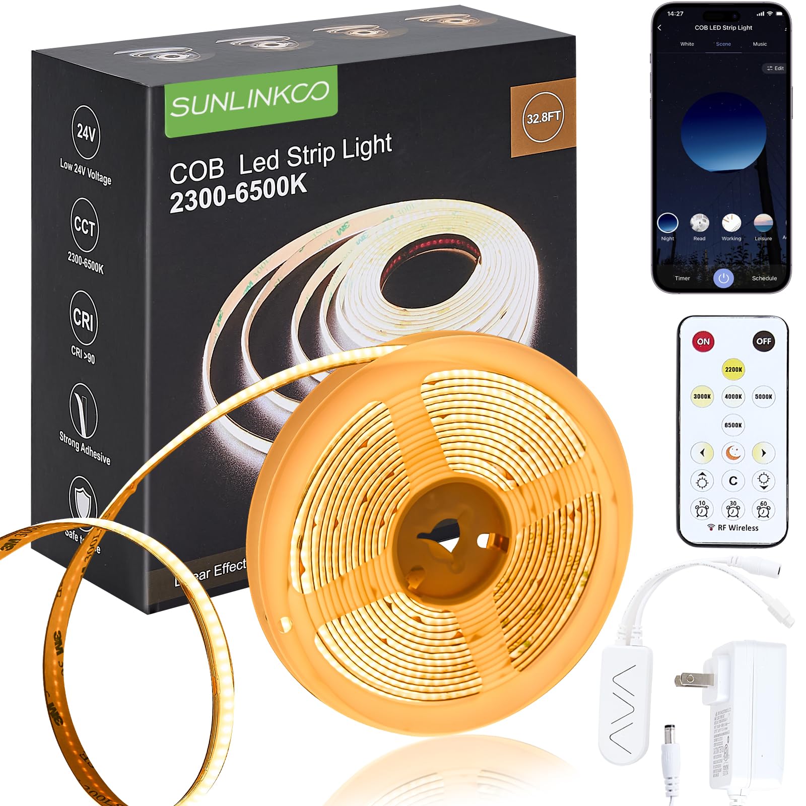 SUNLINKCO COB LED strip lights living rooms with ultra-bright, even glow