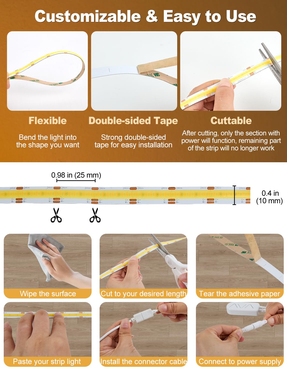 SUNLINKCO COB LED strip includes adhesive tape and clips for mounting