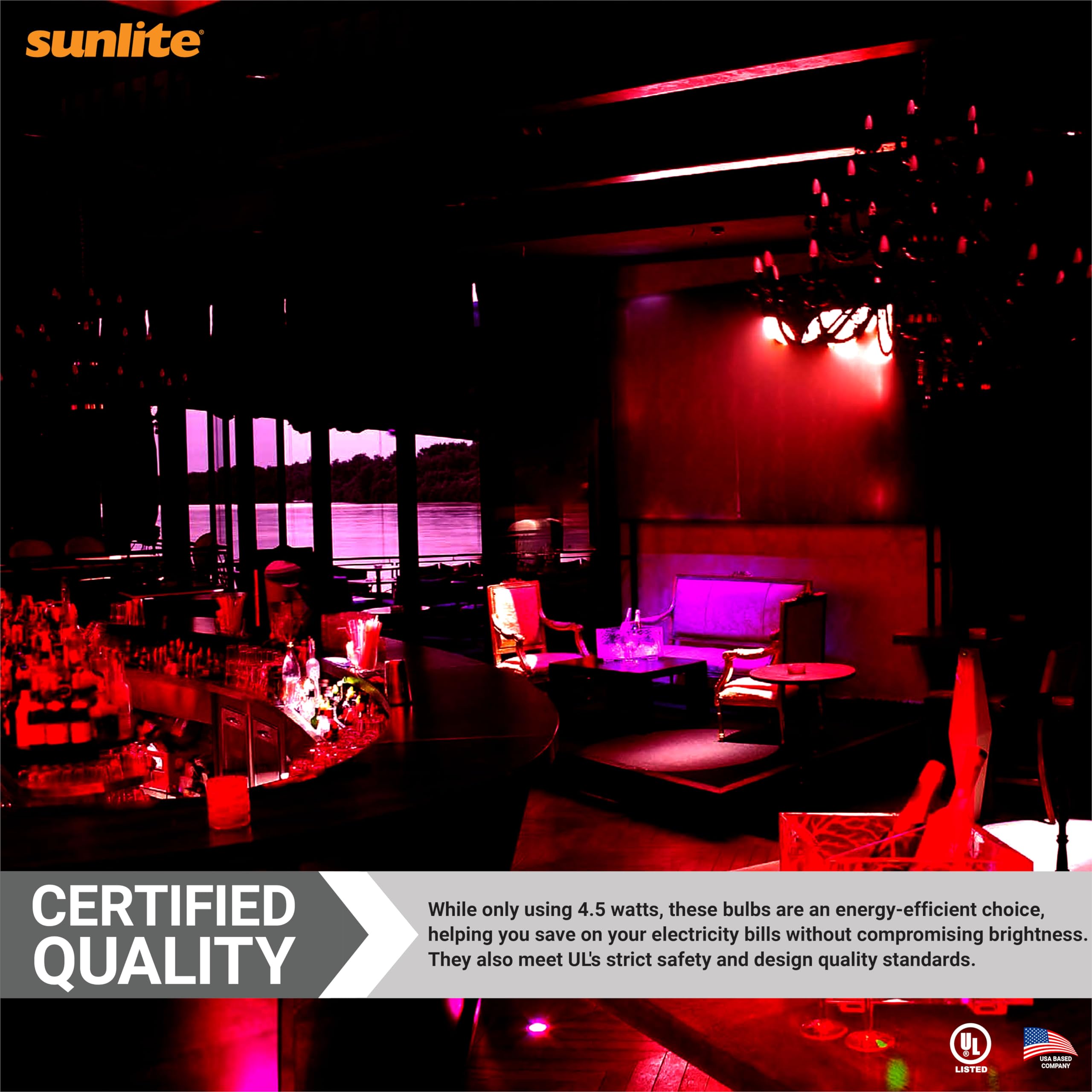 Sunlite 320-degree beam red bulb spreads light evenly across rooms