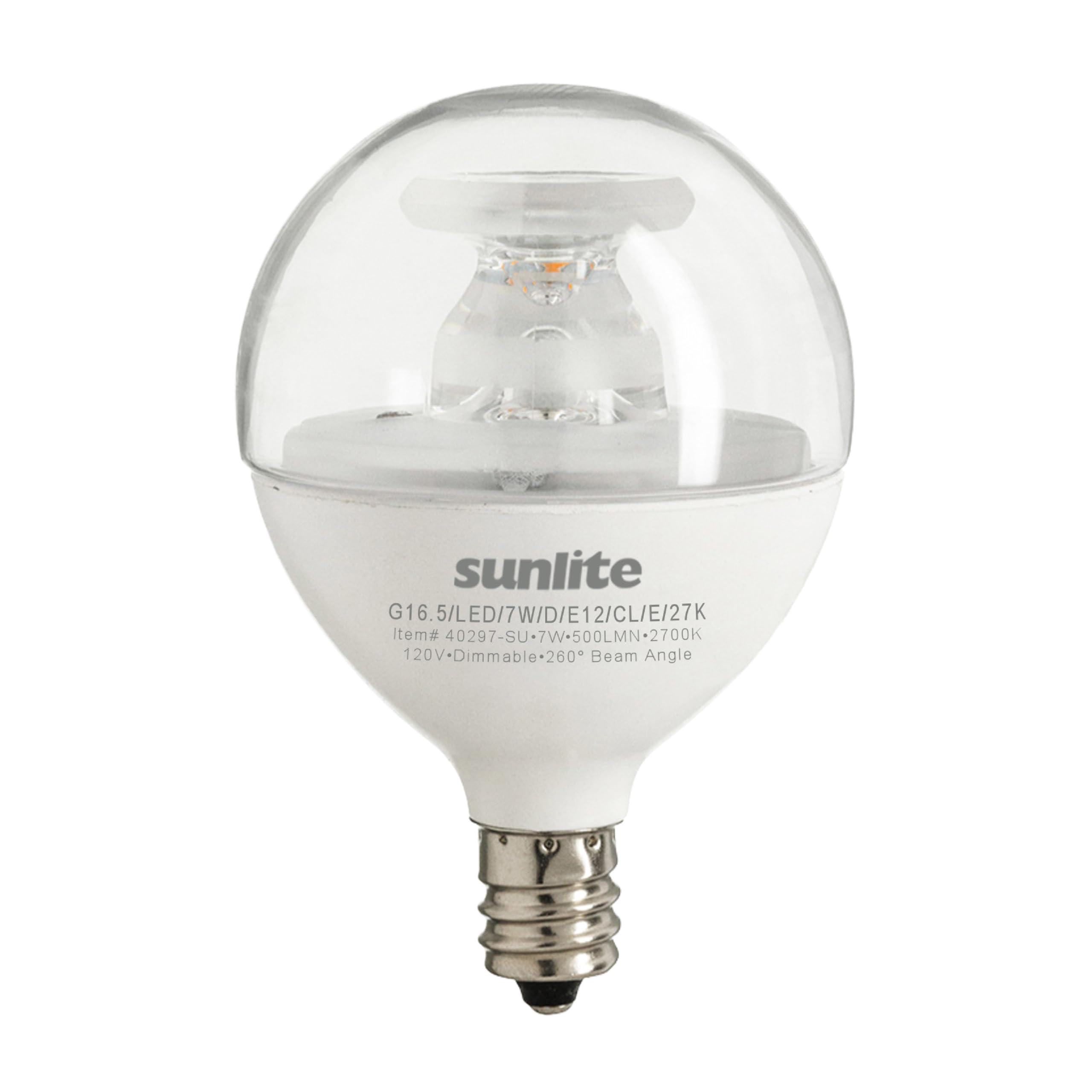 Sunlite G16.5 globe bulb in clear glass for vanity lighting.