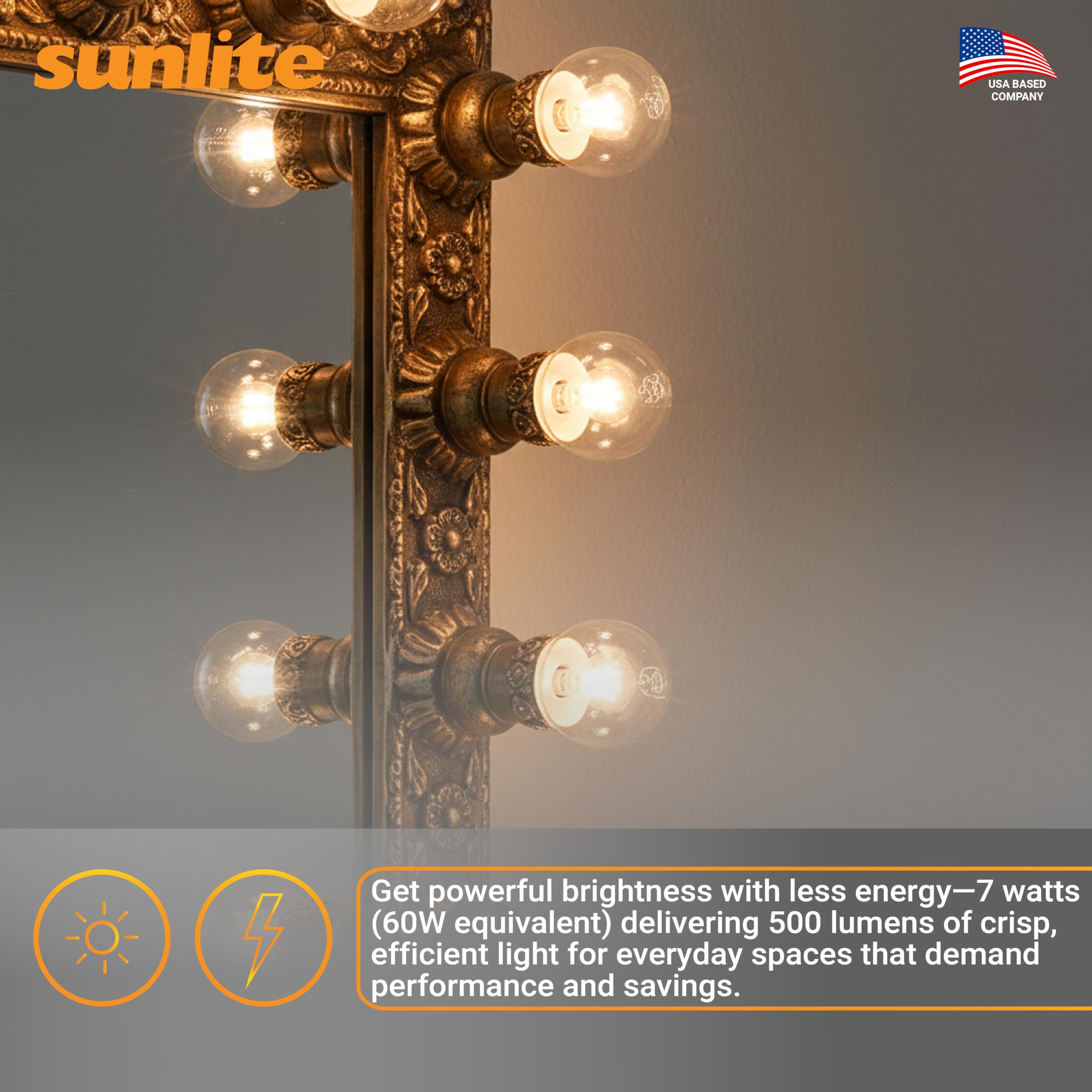 Sunlite G16.5 soft white 2700K glow for warm ambience.