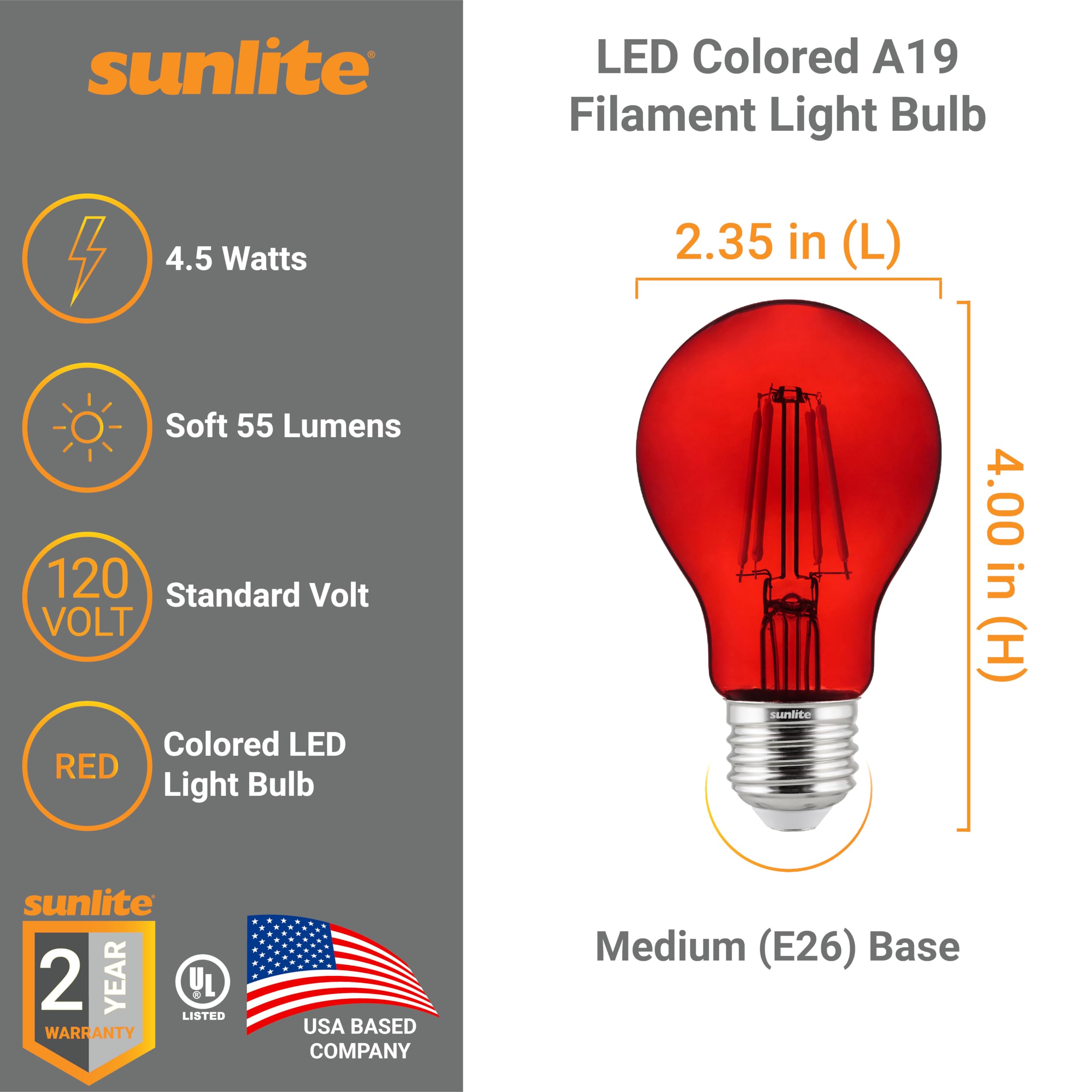Sunlite 4.5W red A19 LED delivers energy efficiency with bright, even illumination
