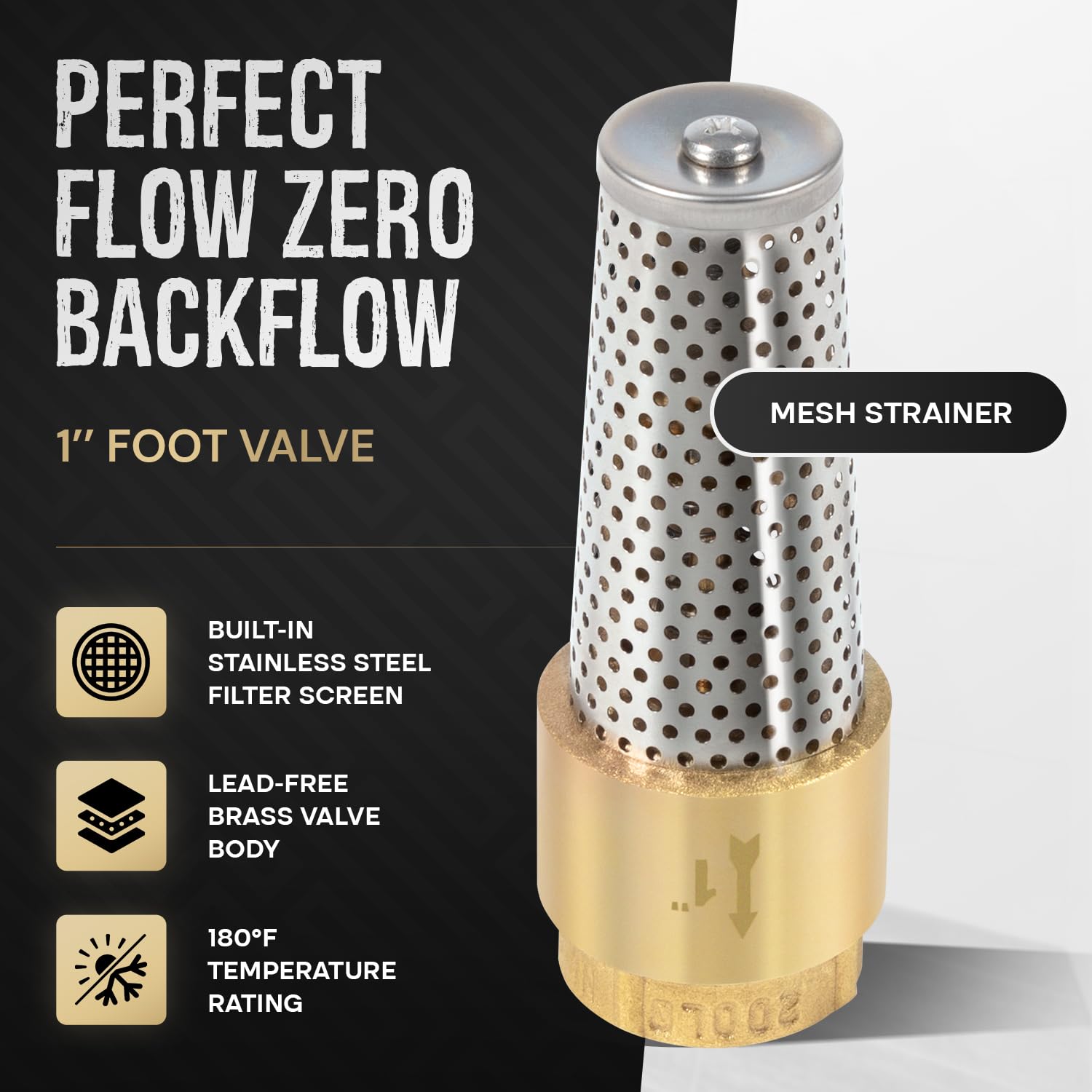 Sunluway Foot Valve Stainless-Steel Screen displaying debris prevention for cleaner flow.