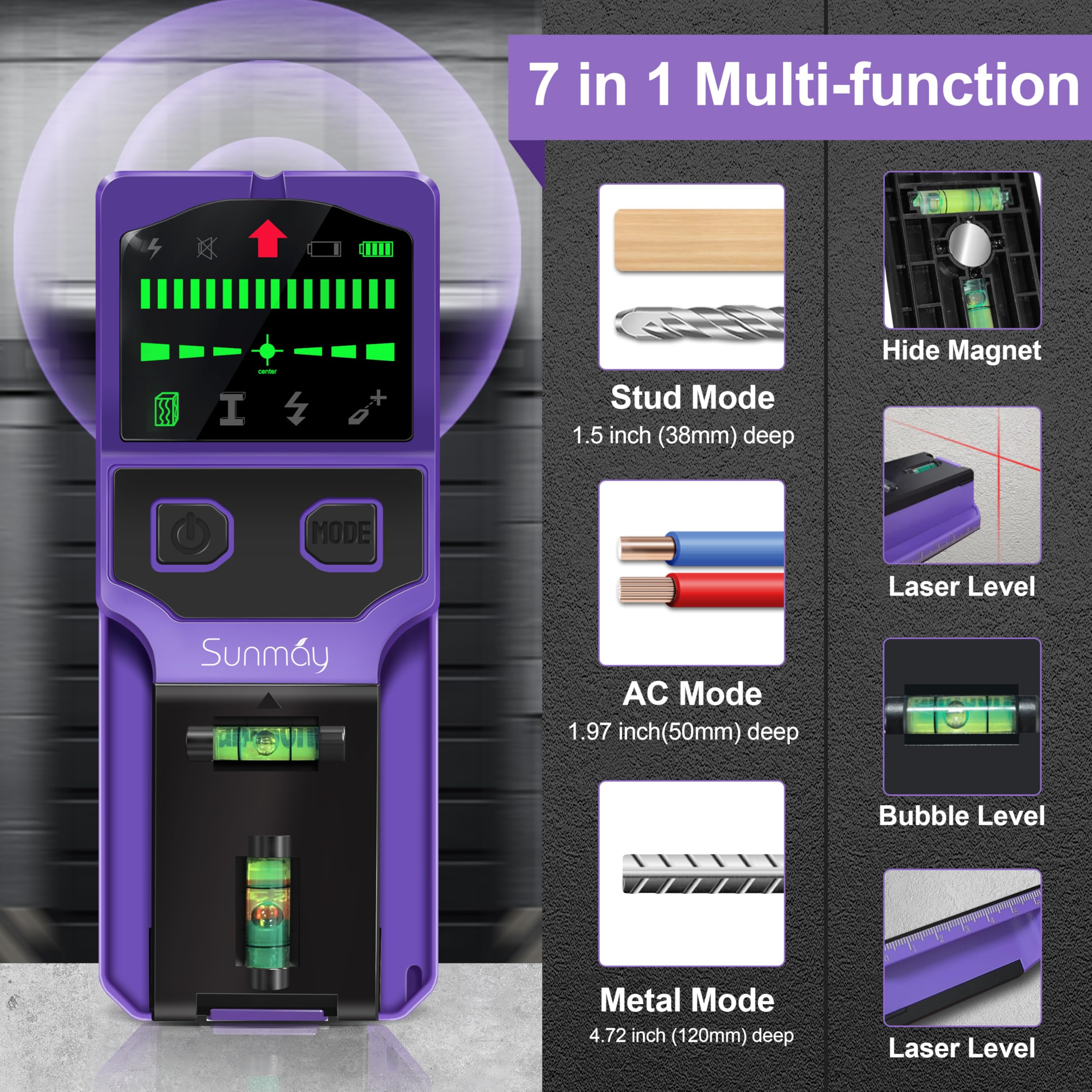 SUNMAY stud finder 3-in-1 scanning modes for accurate wall detection.