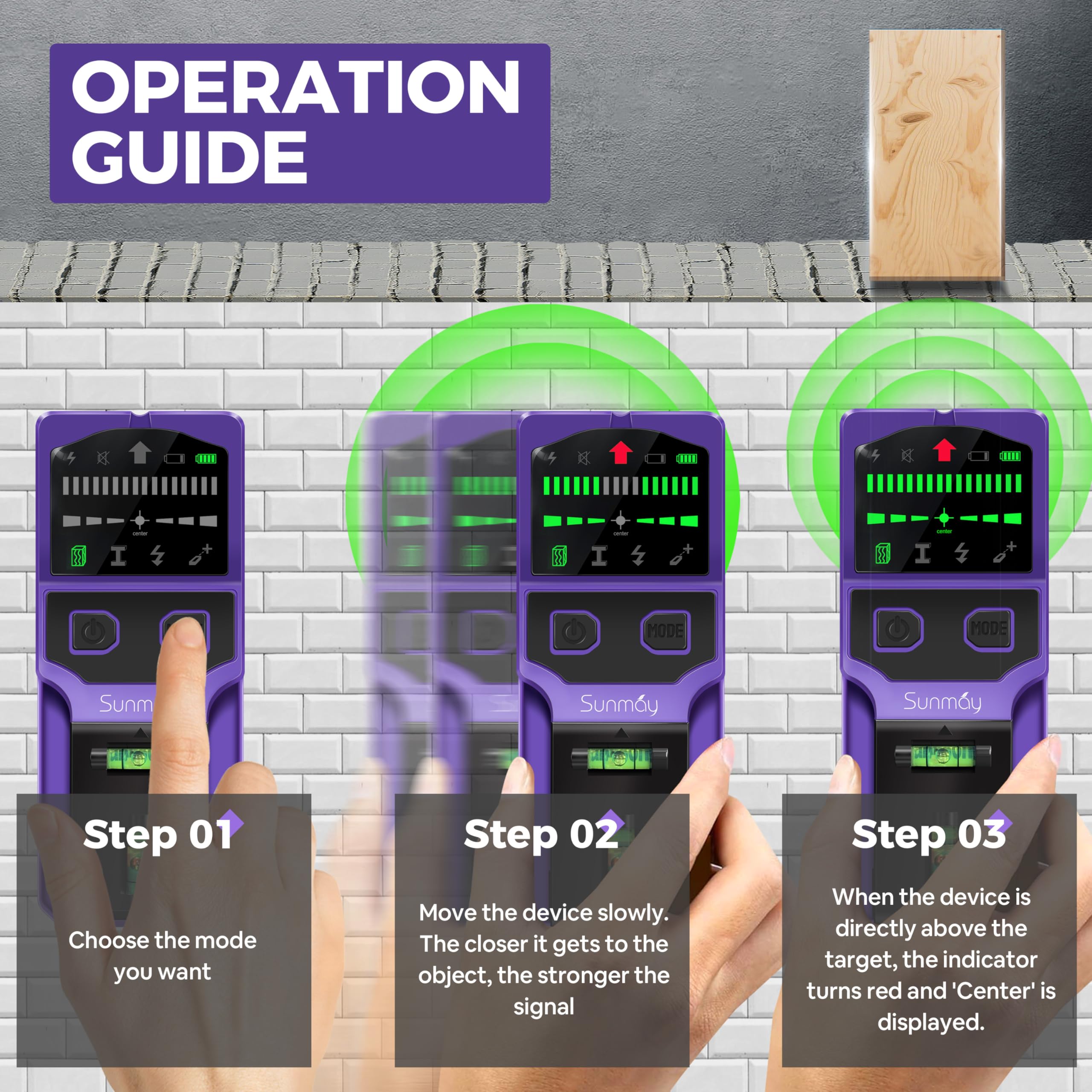 SUNMAY stud finder with four sensors enhances detection accuracy behind walls.
