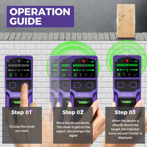 SUNMAY stud finder with four sensors enhances detection accuracy behind walls.