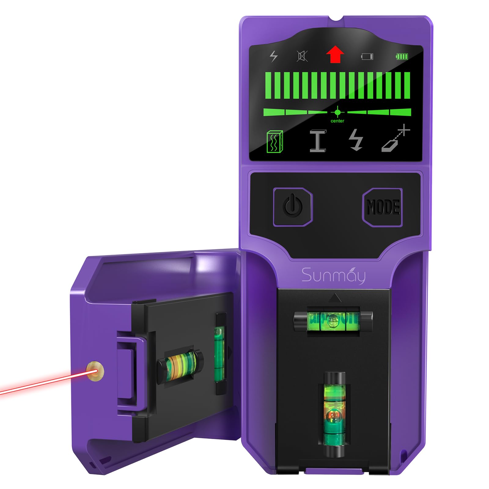 SUNMAY stud finder with LCD display reveals hidden studs for precise mounting.