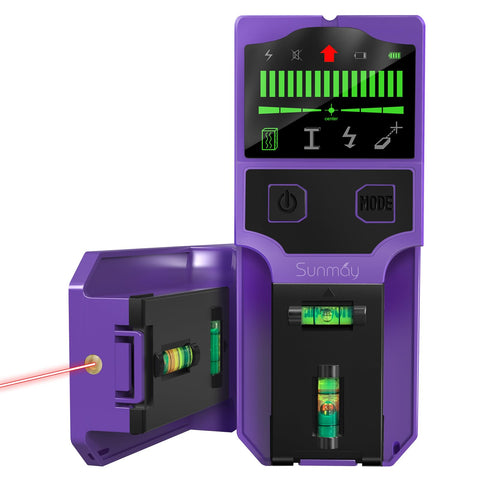 SUNMAY stud finder with LCD display reveals hidden studs for precise mounting.