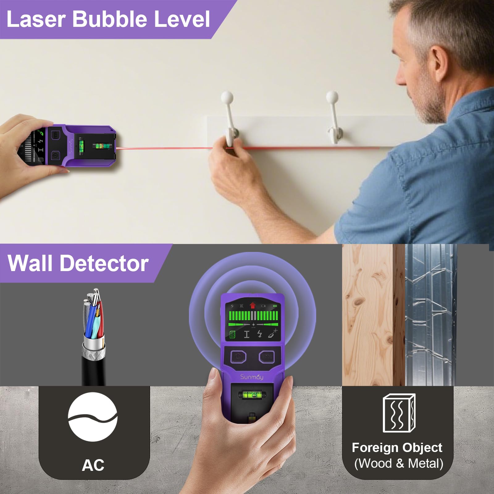 SUNMAY stud finder detects live AC wires for safer installations.
