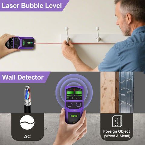 SUNMAY stud finder detects live AC wires for safer installations.