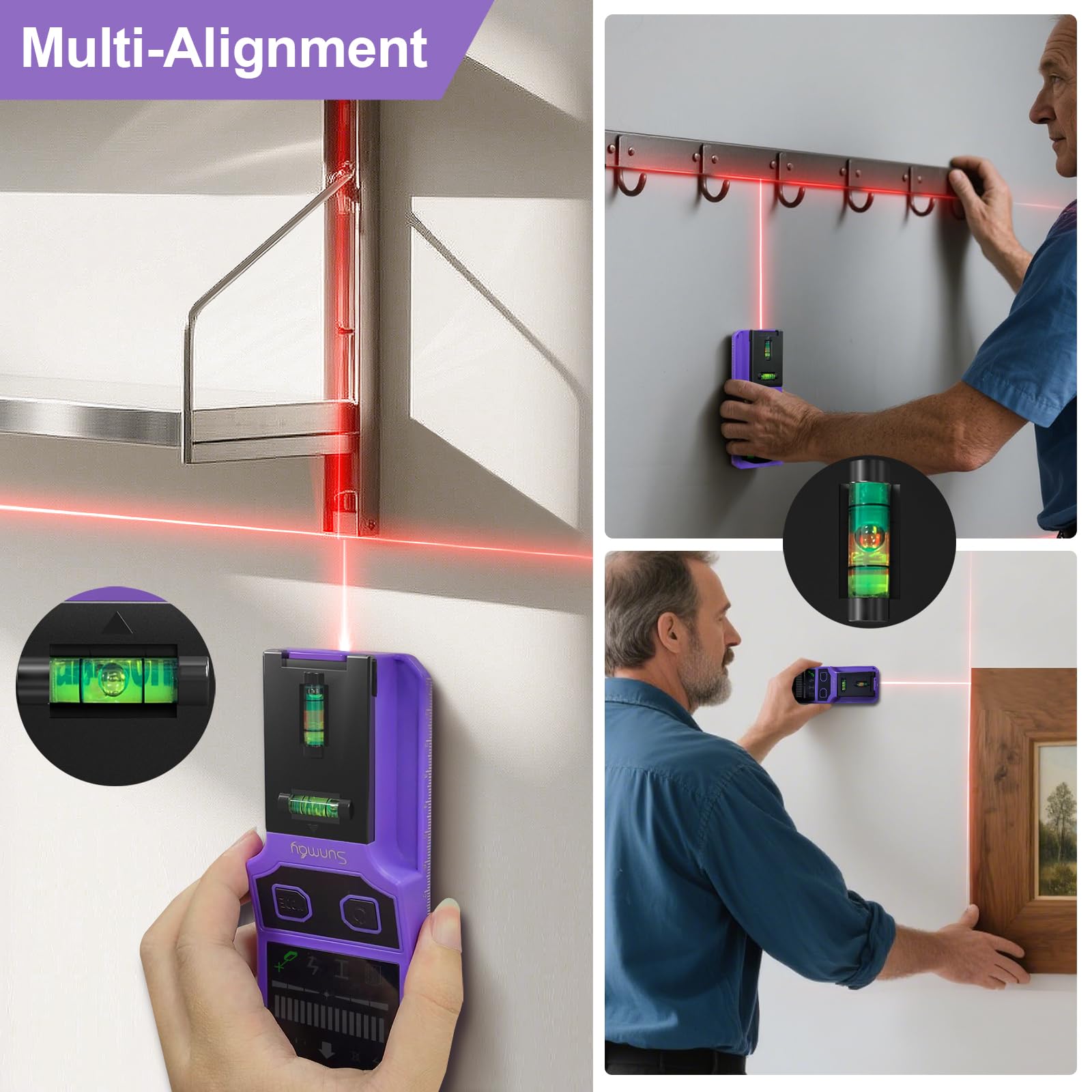 SUNMAY stud finder identifies metal pipes and rebar behind surfaces.