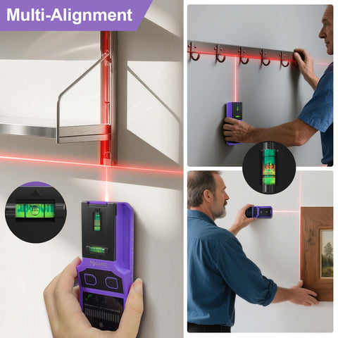 SUNMAY stud finder identifies metal pipes and rebar behind surfaces.