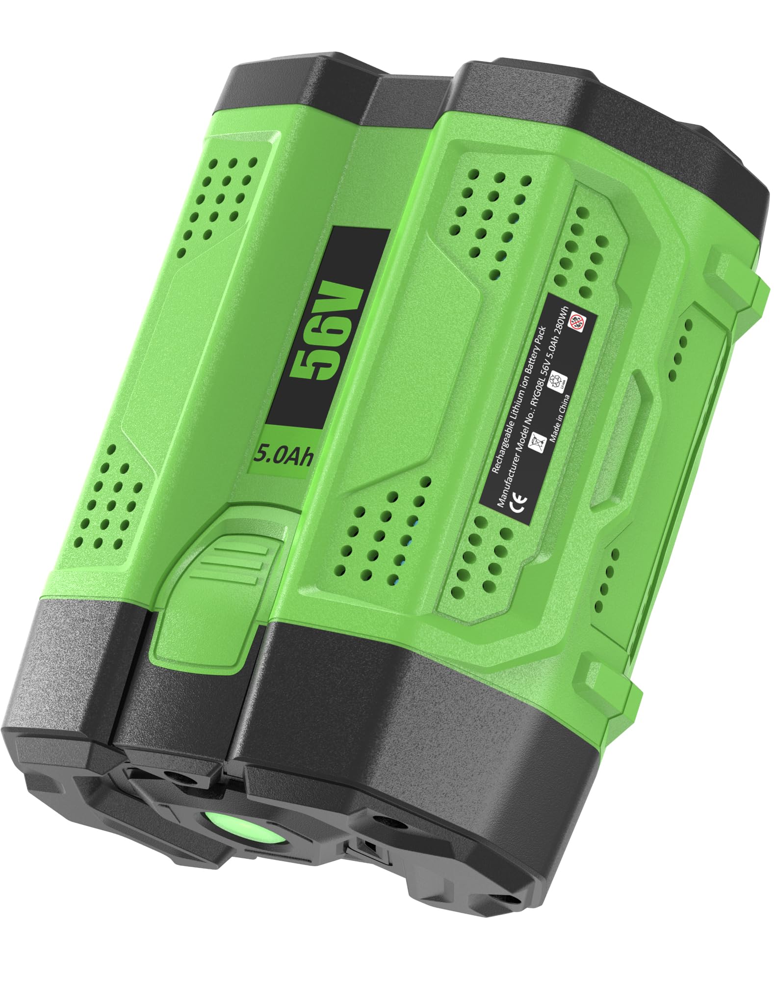 Sunmokite 56V battery front view shows compact design for easy outdoor tool swaps.