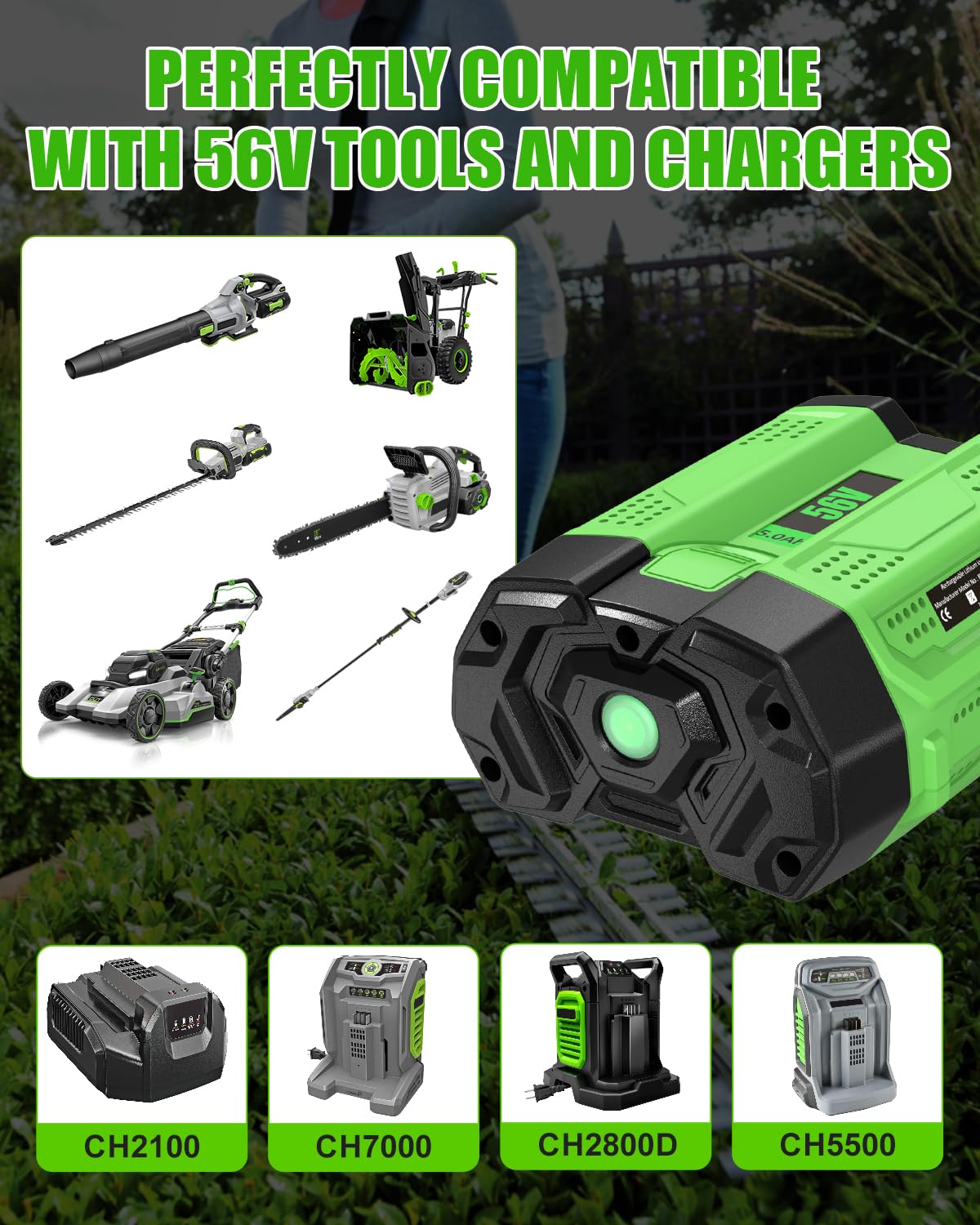 Sunmokite 56V battery outdoor use in yard demonstrates durable, long-life power.