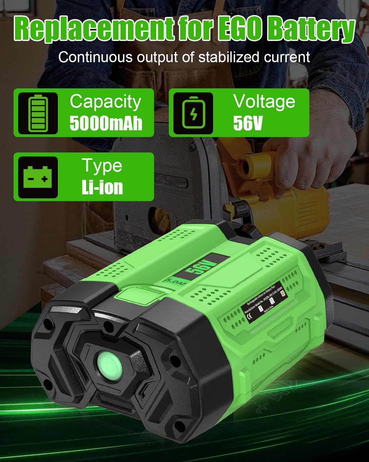 Sunmokite 56V battery side view highlights slim profile for reduced tool bulk.