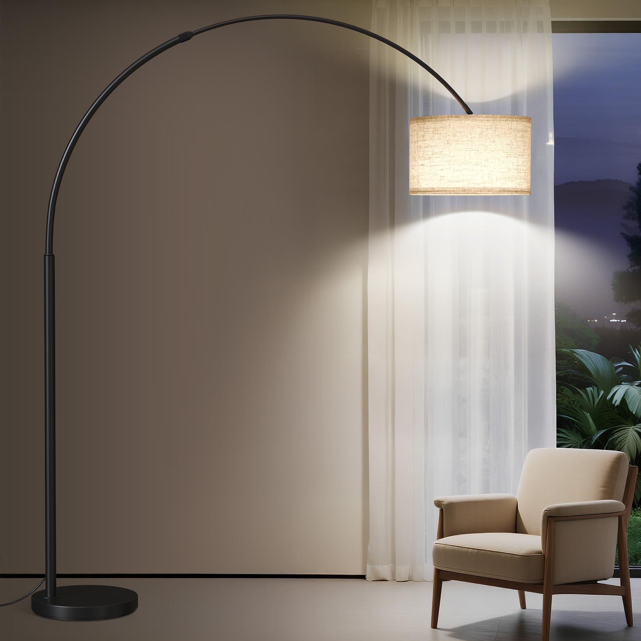 SUNMORY arc lamp shows 82-inch height for wide overhead lighting in a living room