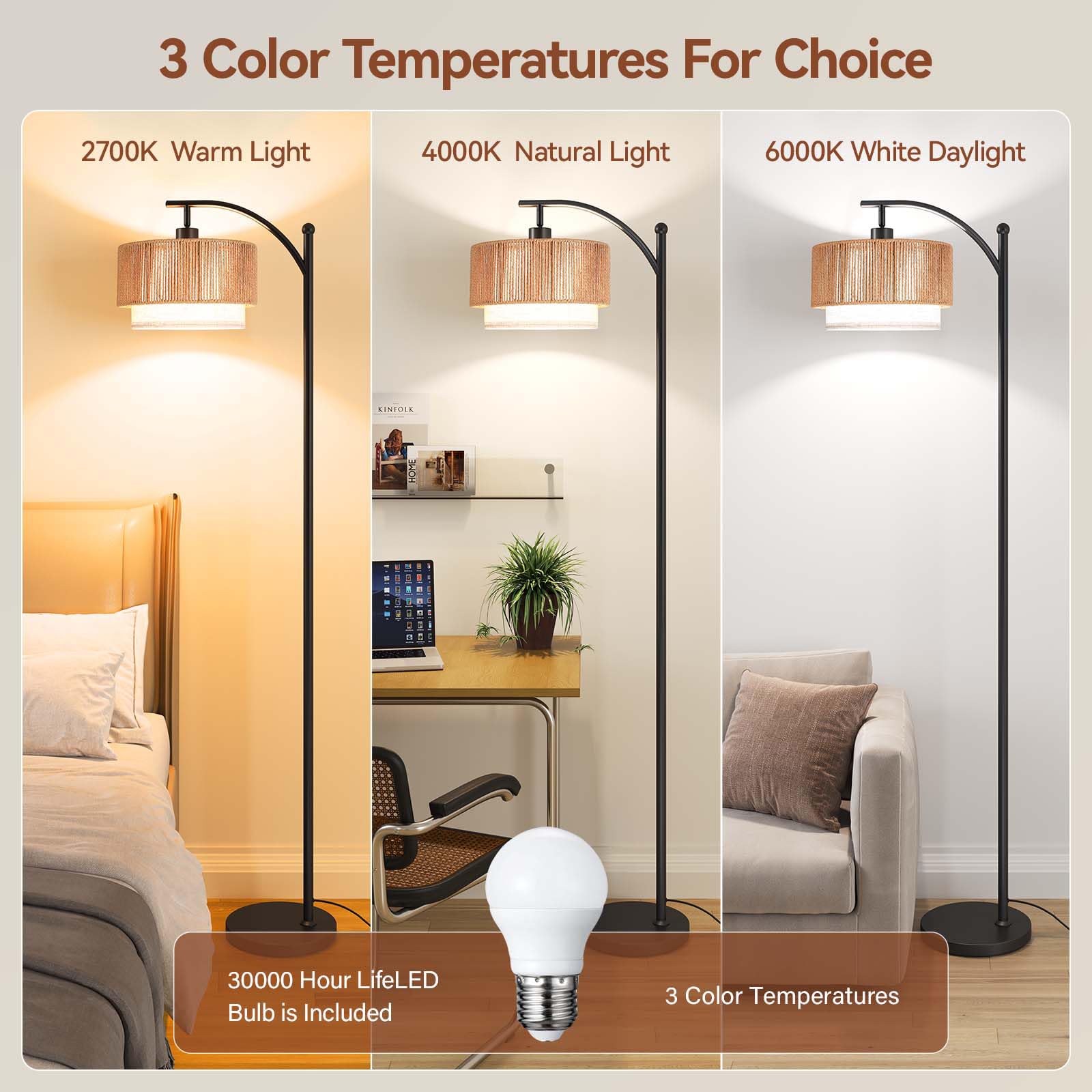 SUNMORY arc lamp with fabric shade offers soft, versatile lighting for reading.