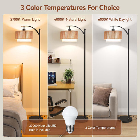 SUNMORY arc lamp with fabric shade offers soft, versatile lighting for reading.