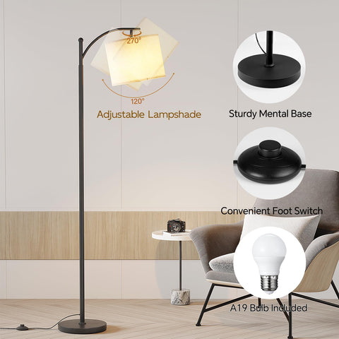 SUNMORY Arc Floor Lamp 9W LED bulb visible for energy-efficient lighting.