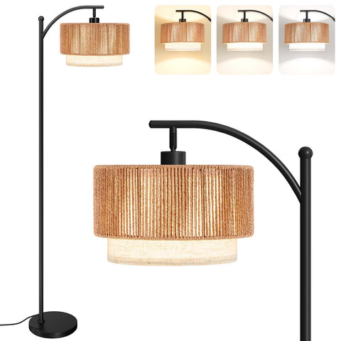 SUNMORY arc floor lamp with a woven rattan shade enhances cozy living room ambiance.
