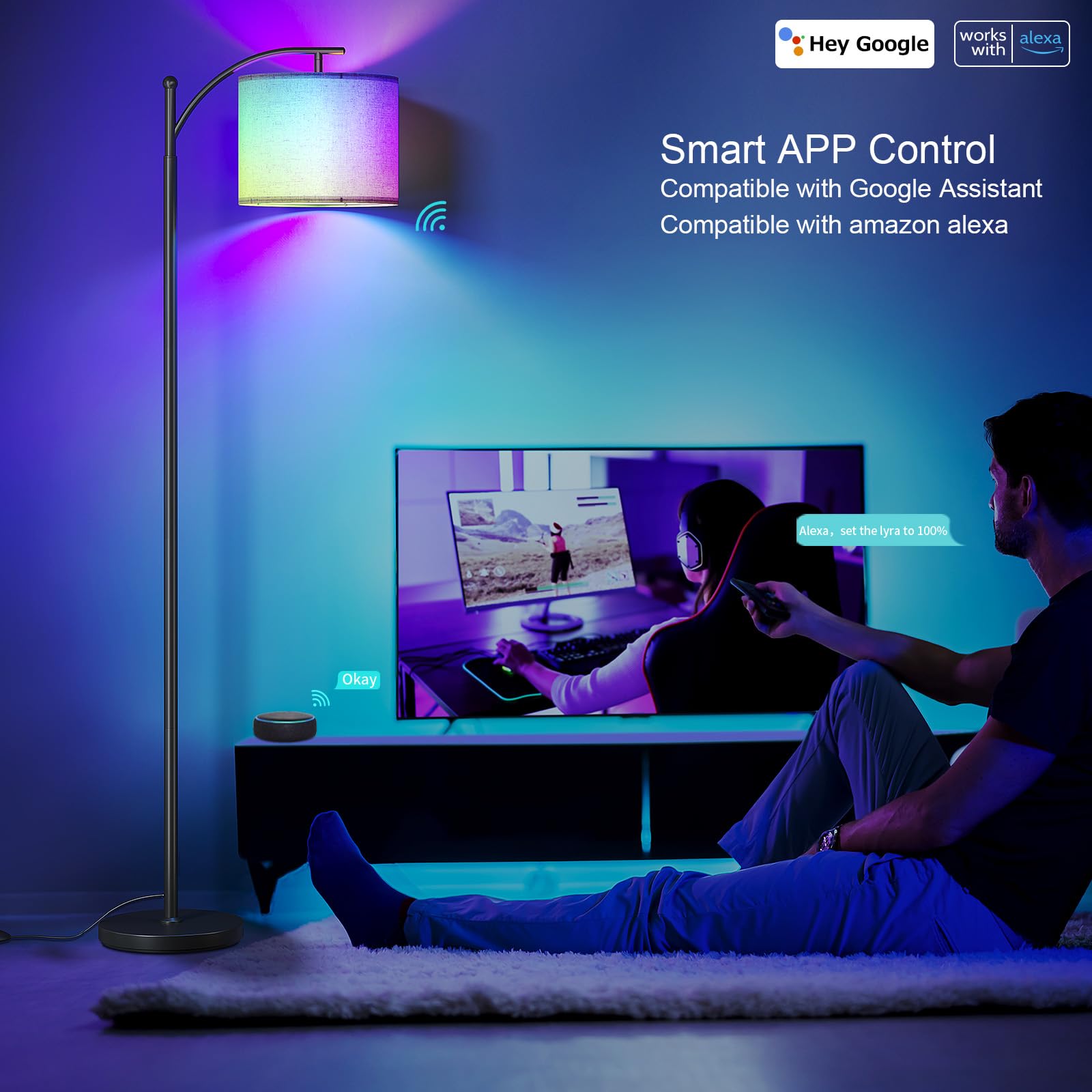 SUNMORY Arc Floor Lamp RGB bulb emits 16 million colors for ambience.