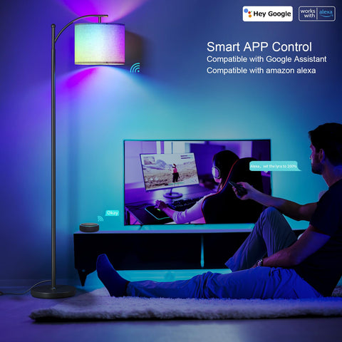 SUNMORY Arc Floor Lamp RGB bulb emits 16 million colors for ambience.