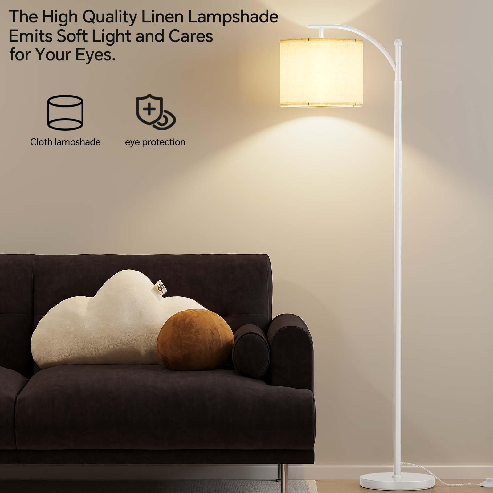 SUNMORY arc floor lamp in white finish fits contemporary decor.