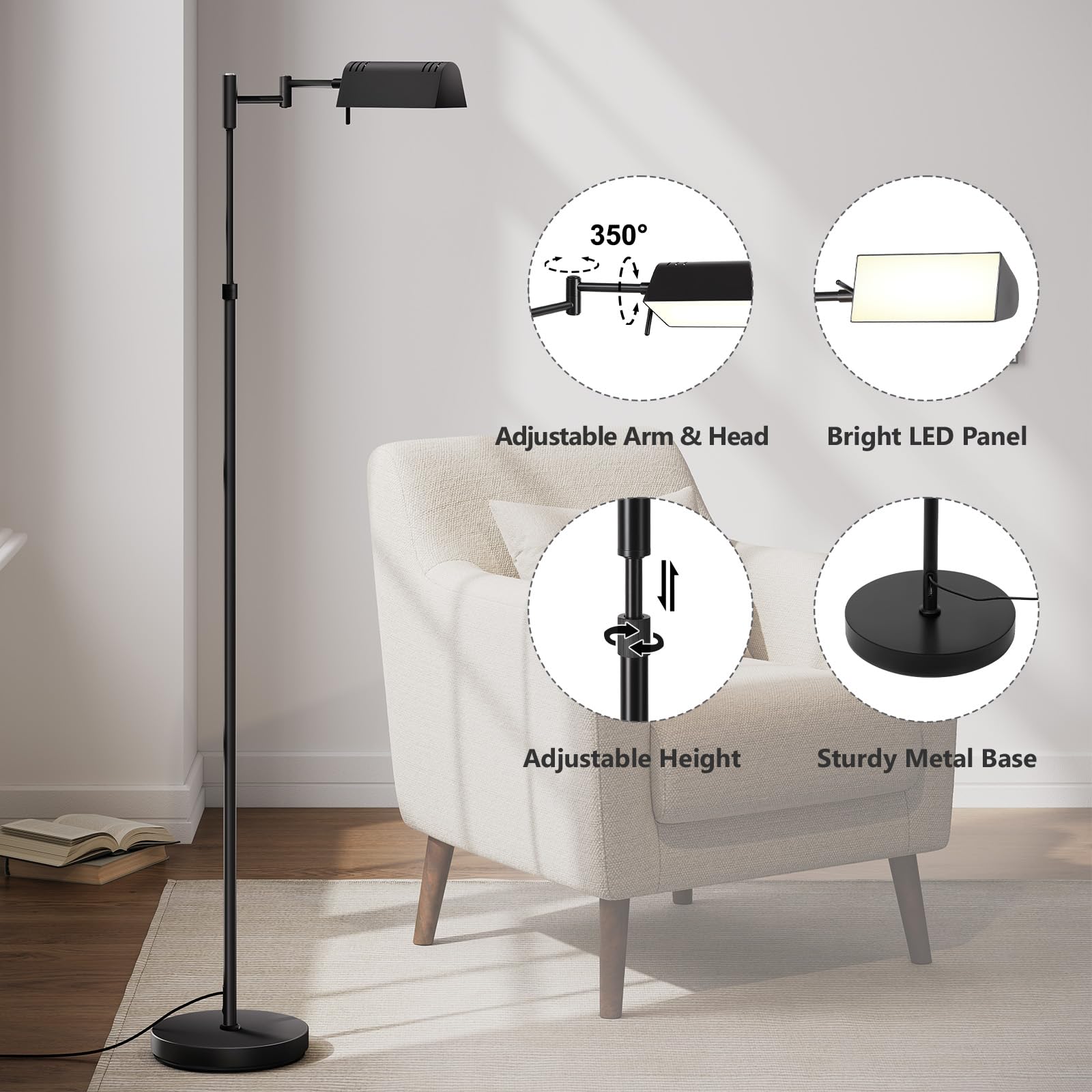 350‑degree swing arm of SUNMORY lamp directs light precisely where you work.